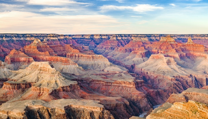 Panoramic view of the Grand Canyon's red rock formations.