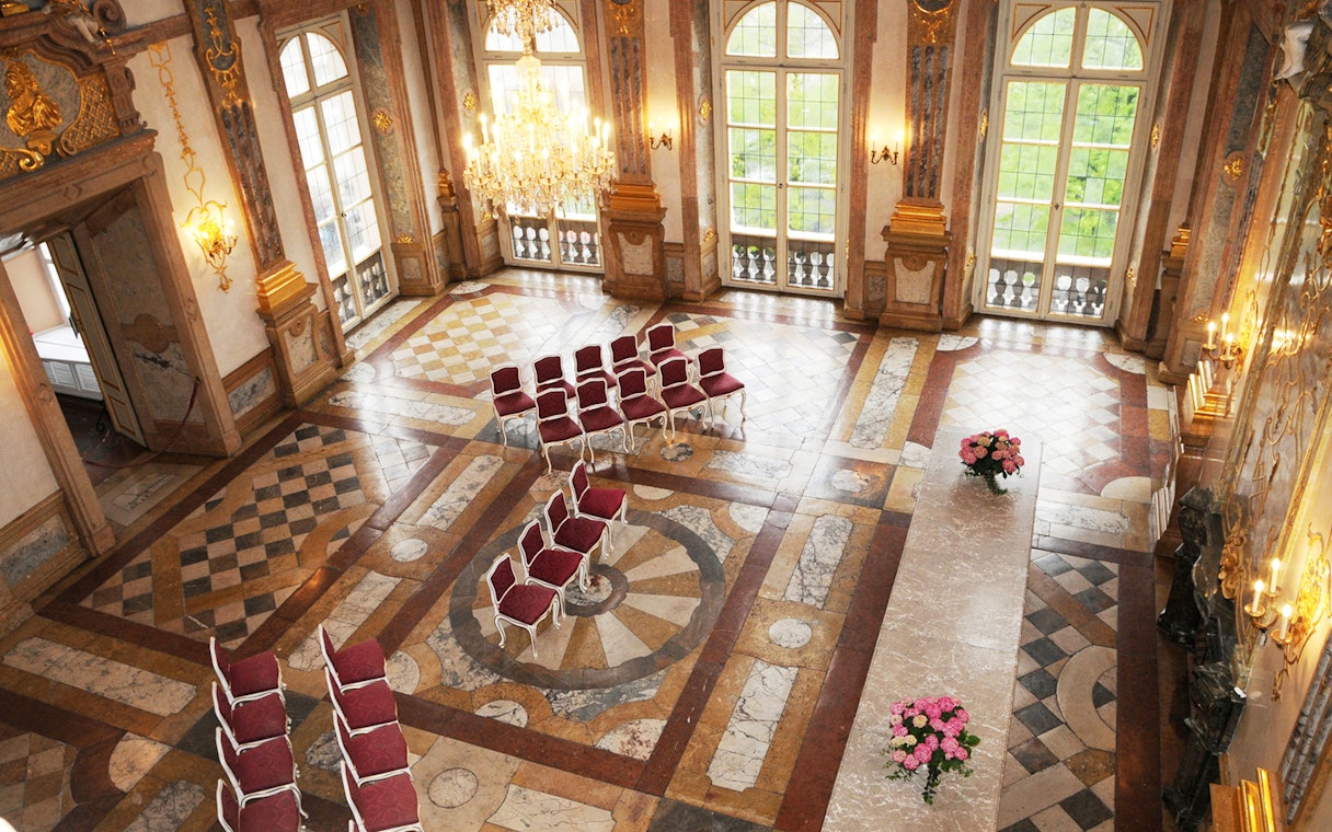 Concert seating arrangement in the ornate Marble Hall of Mirabell Palace, Salzburg.