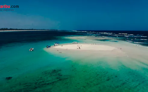Glass-bottom boats near Robinson Island, Diani Beach, with clear turquoise waters.