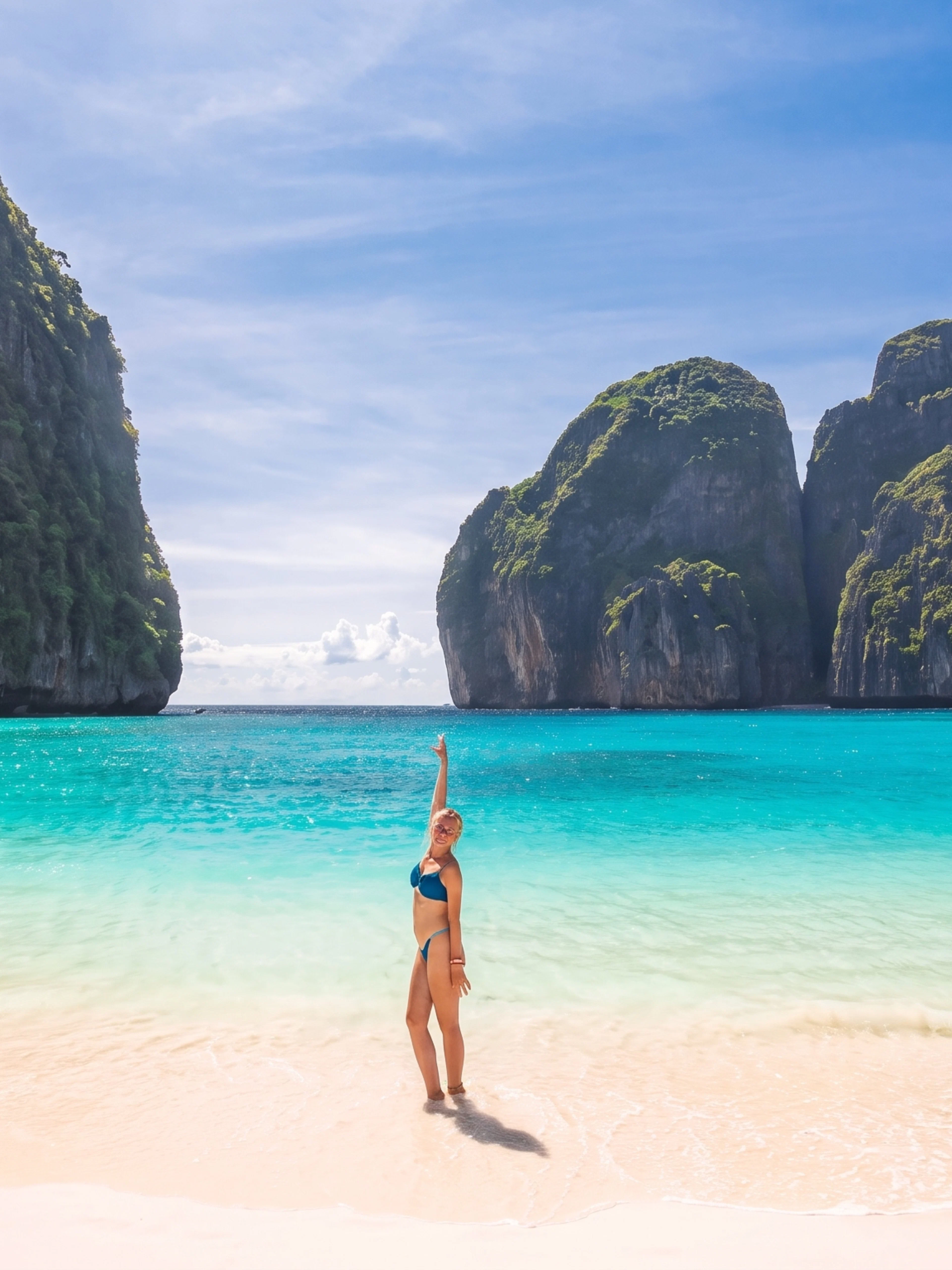 Person on a sandy beach with turquoise water and limestone cliffs, Phi Phi Islands, Phuket.