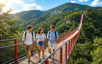 Visitors walking on a suspension bridge with lush mountains in the background during DMZ full-day tour.