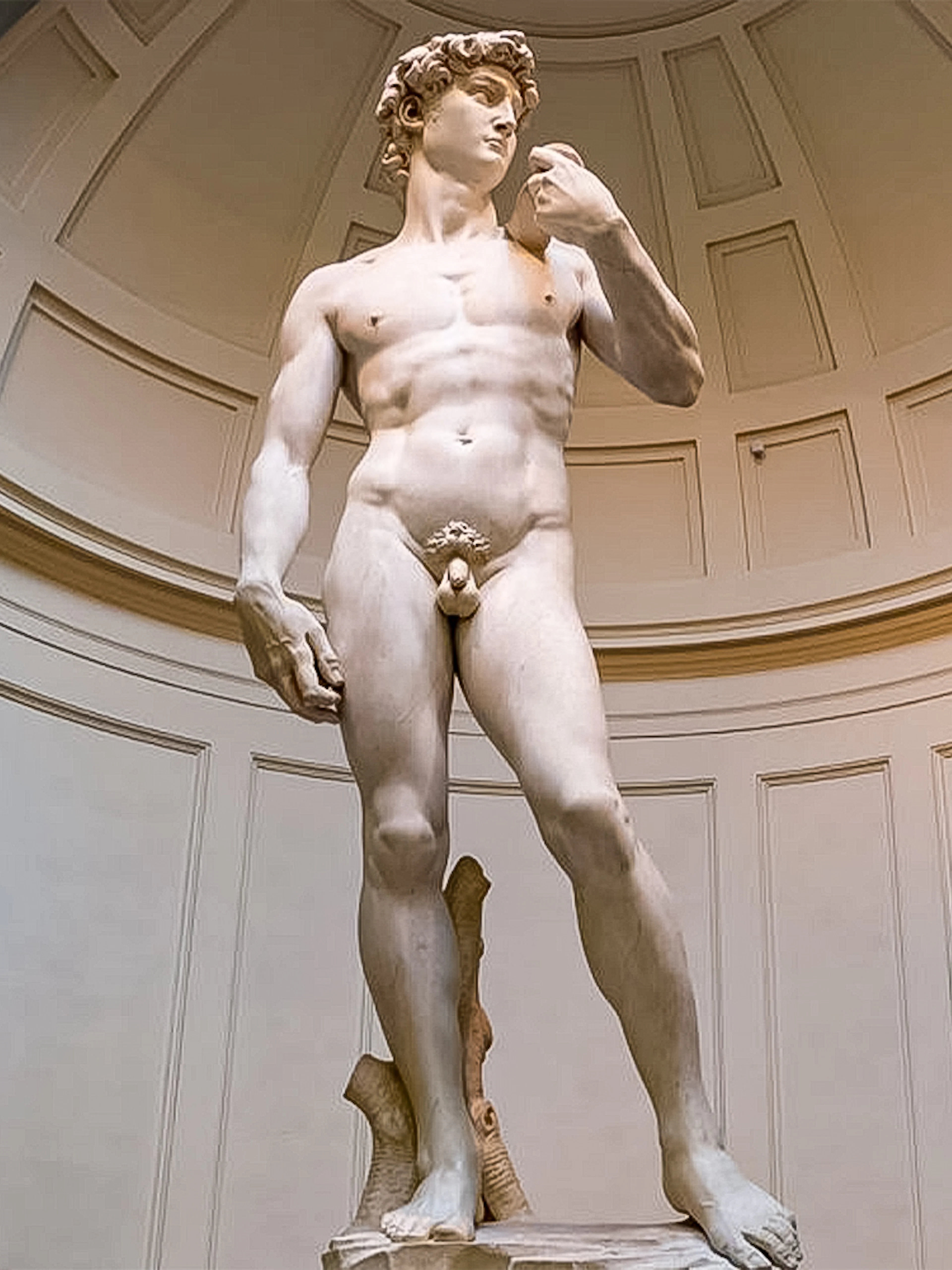 Statue of David at Accademia Gallery, Florence, viewed by tourists with reserved tickets.