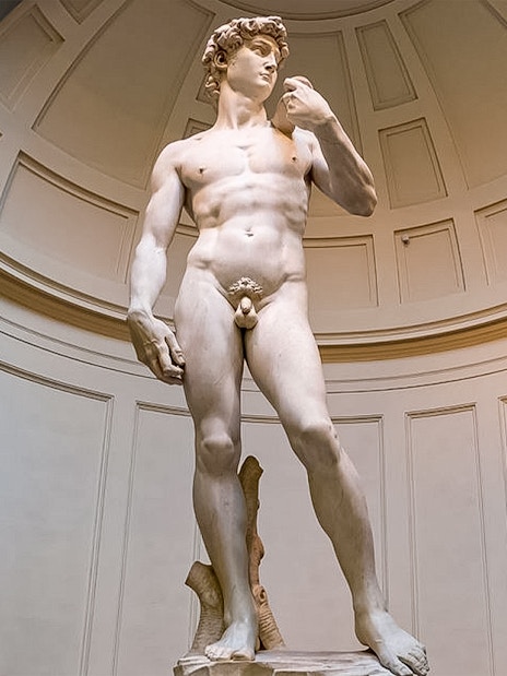 Statue of David at Accademia Gallery, Florence, viewed by tourists with reserved tickets.