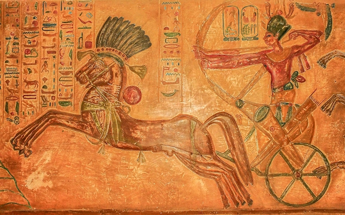 Ancient Egyptian chariot scene at Abu Simbel Temple Complex.