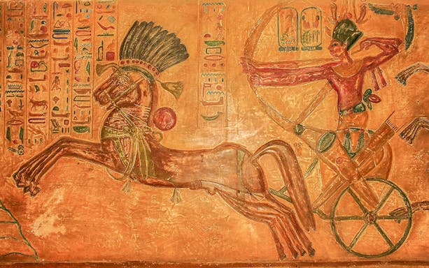 Ancient Egyptian chariot scene at Abu Simbel Temple Complex.