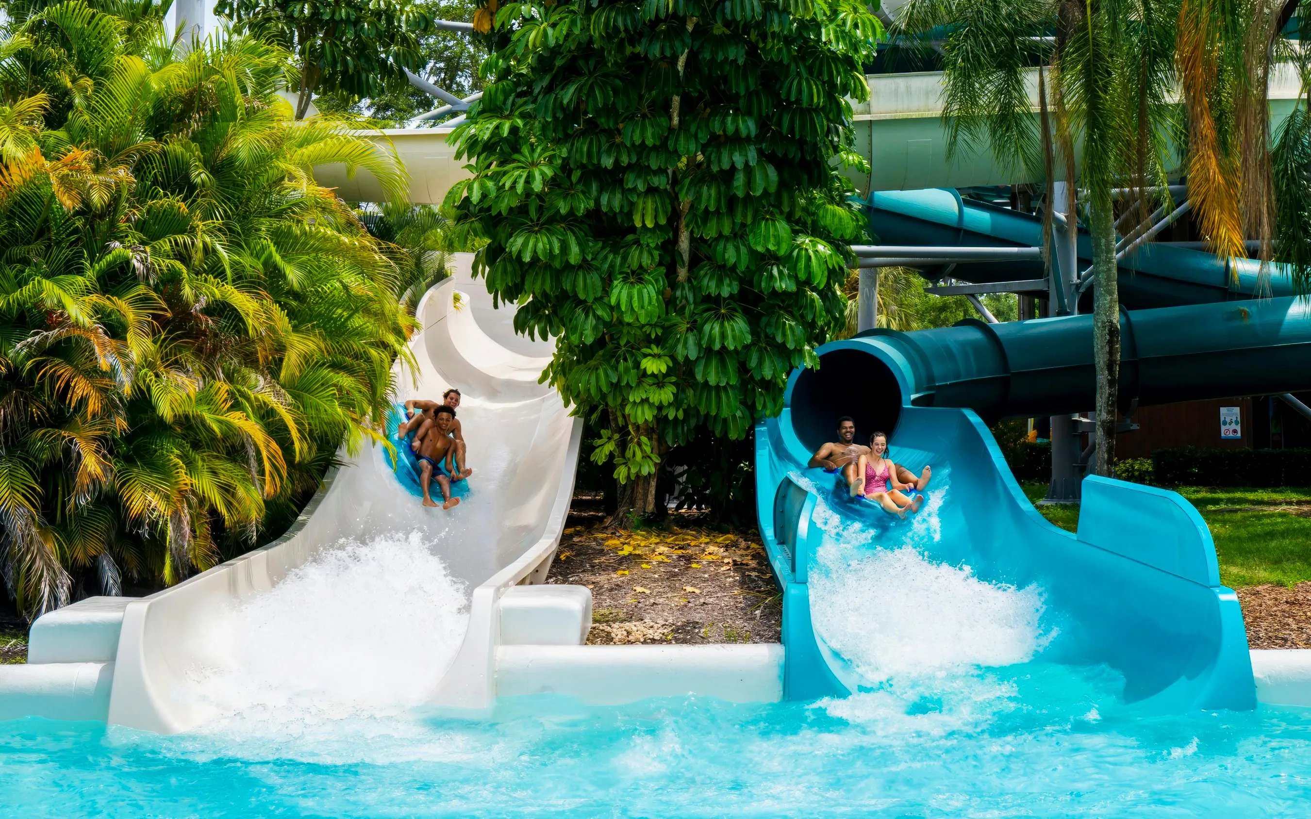 Water slides at Adventure Island, Tampa with people enjoying the ride.