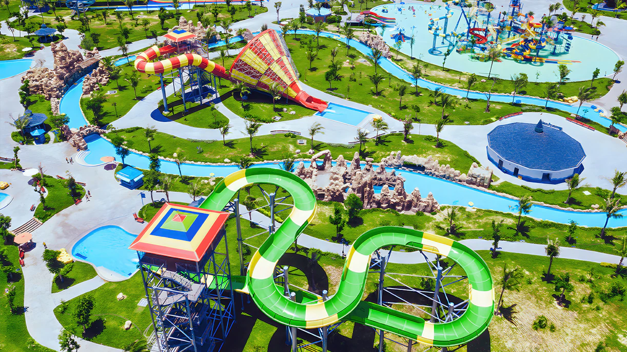 Aerial view of water slides and attractions at Vinwonders Nam Hoi An theme park.
