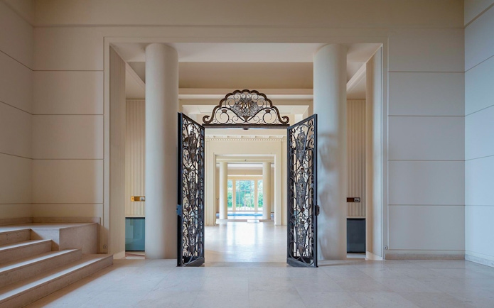 Ornate iron gates at Serralves Foundation entrance in Porto, Portugal.