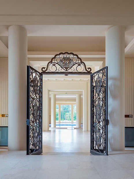 Ornate iron gates at Serralves Foundation entrance in Porto, Portugal.