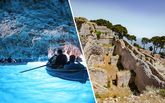 Blue Grotto boat tour and Villa Jovis ruins in Capri, Italy.