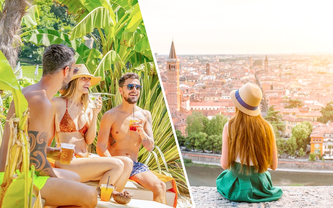 People enjoying drinks at Parco Cavour Water Park; woman overlooking Verona cityscape.