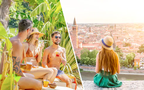 People enjoying drinks at Parco Cavour Water Park; woman overlooking Verona cityscape.