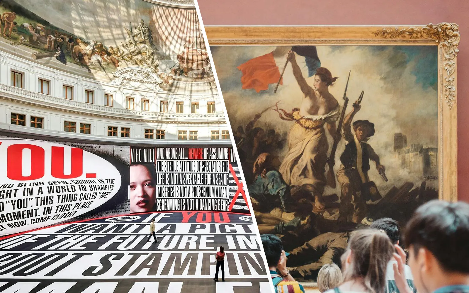 Bourse De Commerce Pinault Collection interior with modern art installation and classic painting.