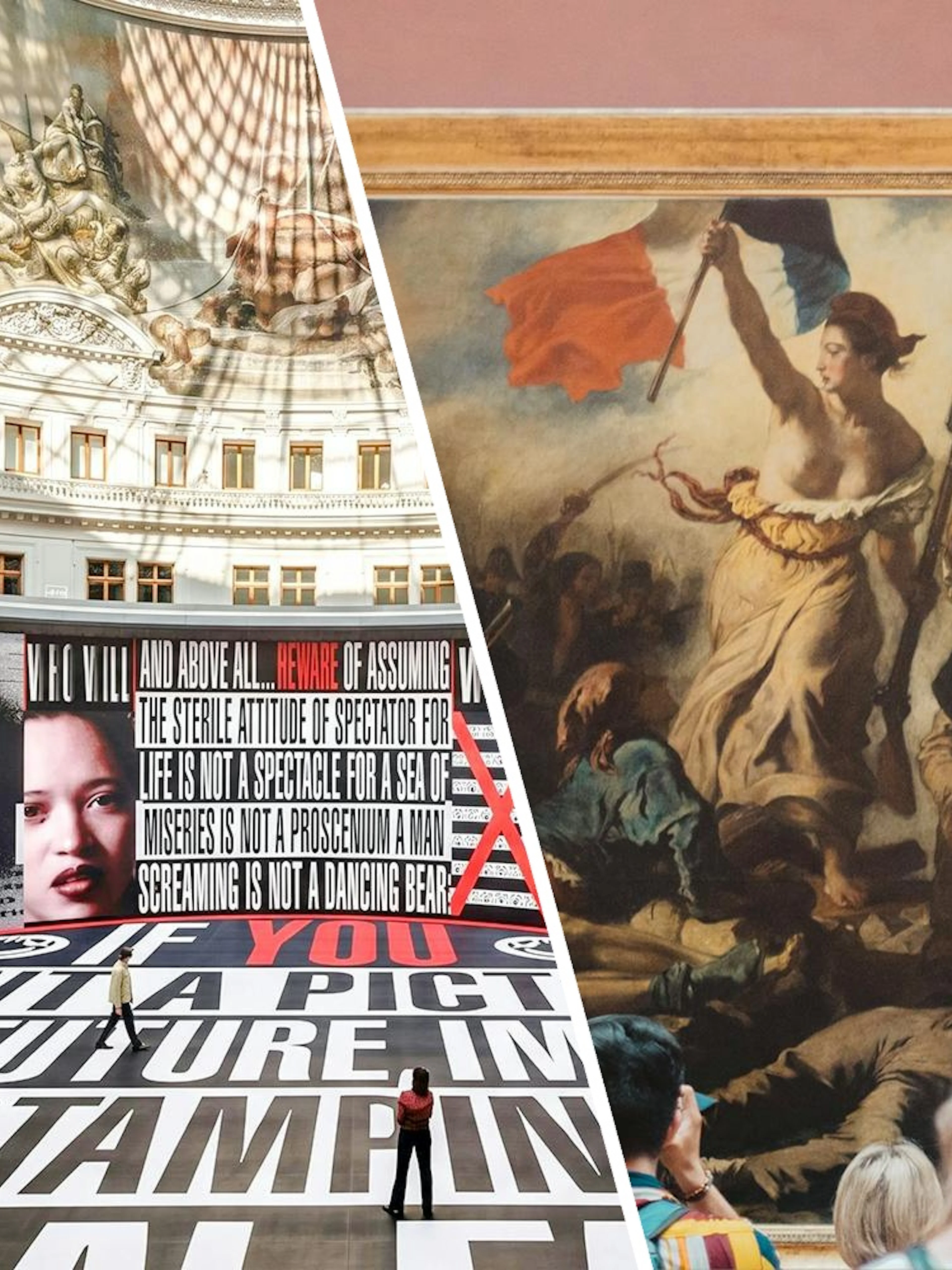 Bourse De Commerce Pinault Collection interior with modern art installation and classic painting.