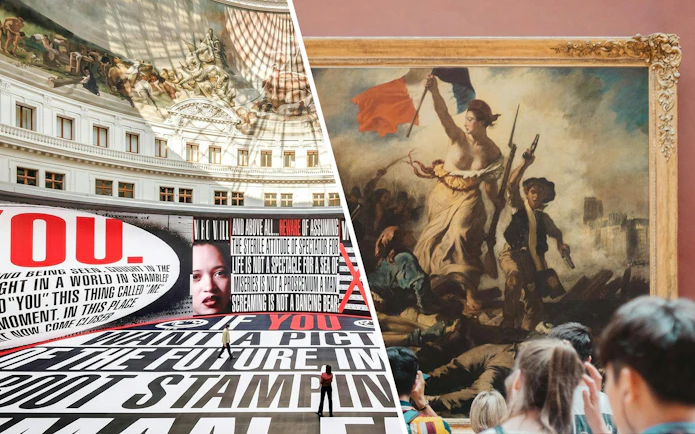 Bourse De Commerce Pinault Collection interior with modern art installation and classic painting.