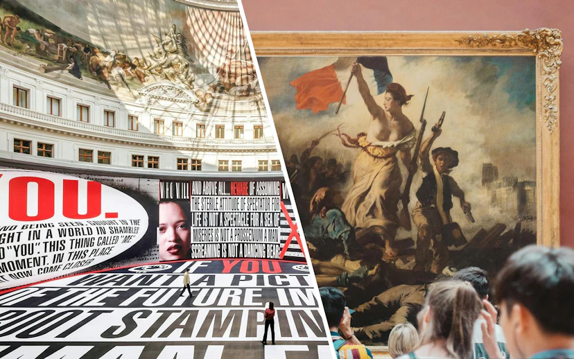 Bourse De Commerce Pinault Collection interior with modern art installation and classic painting.