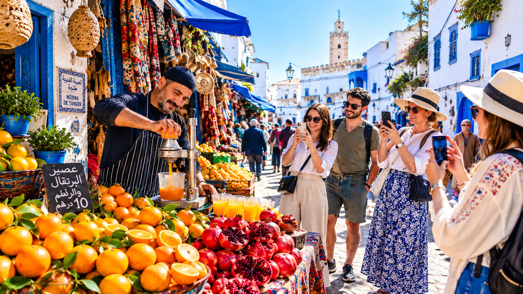 Vendor squeezing fresh orange juice at a vibrant market in Tangier, Morocco.