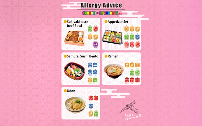 Bento menu options at Samurai Restaurant Show with allergy advice.