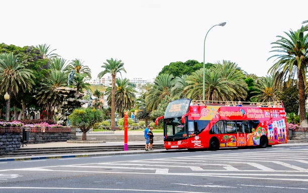 Red double-decker bus on a Las Palmas street with palm trees and a fountain nearby.