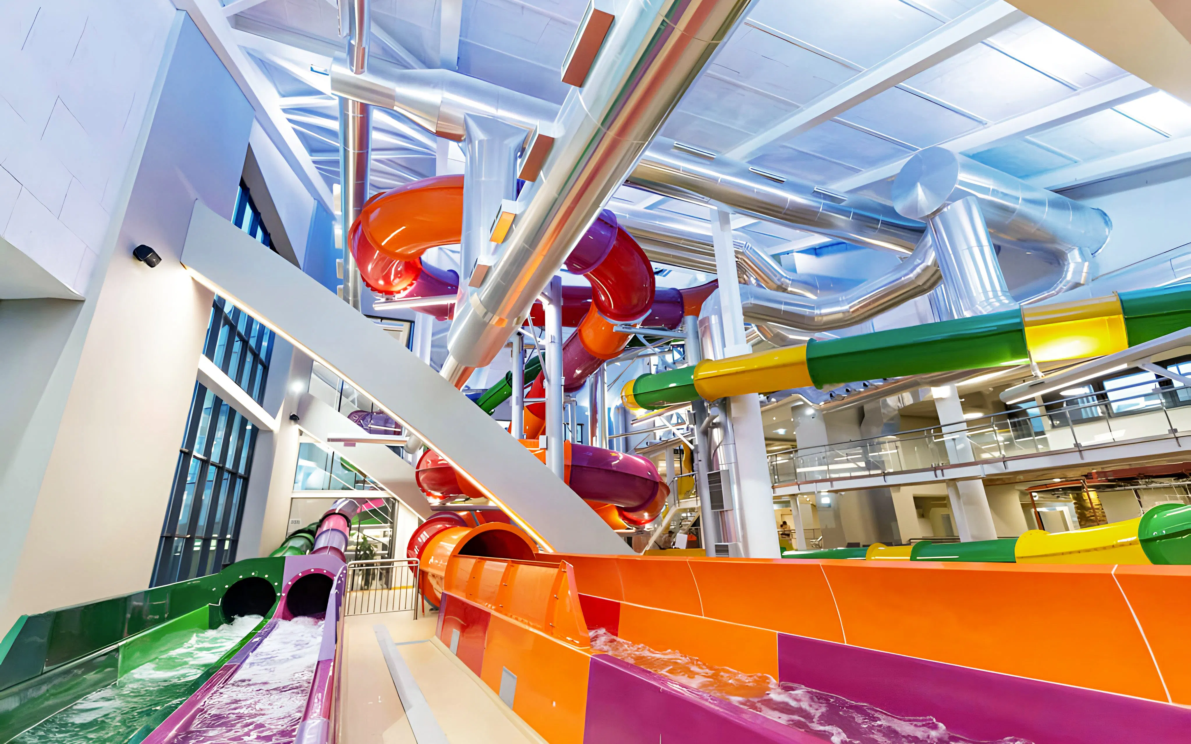 Colorful water slides inside Aquashow Indoor Park.