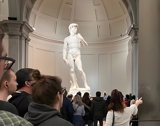 David statue at Accademia Gallery with Brunelleschi’s Dome in Florence, VIP early access tour.