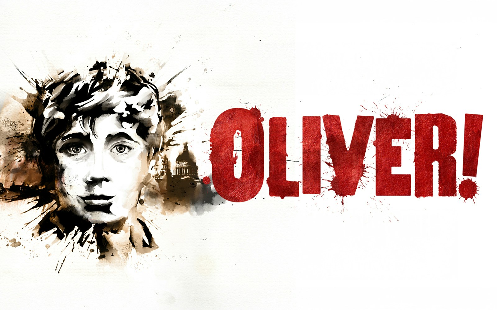 Watercolor portrait of a boy with "Oliver!" in bold red text.