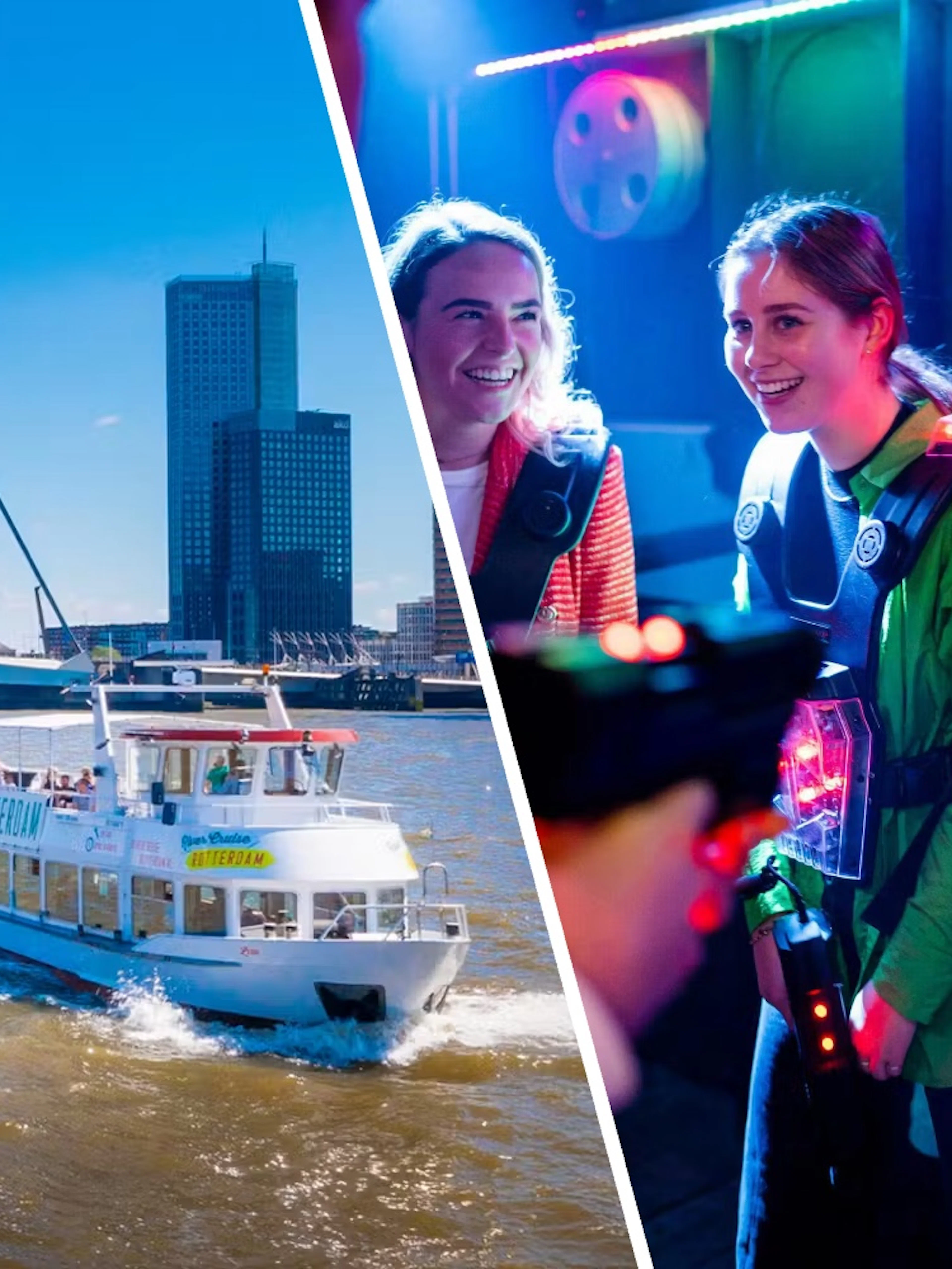 River cruise boat on Rotterdam's Maas River near Erasmus Bridge, with people enjoying laser tag indoors.