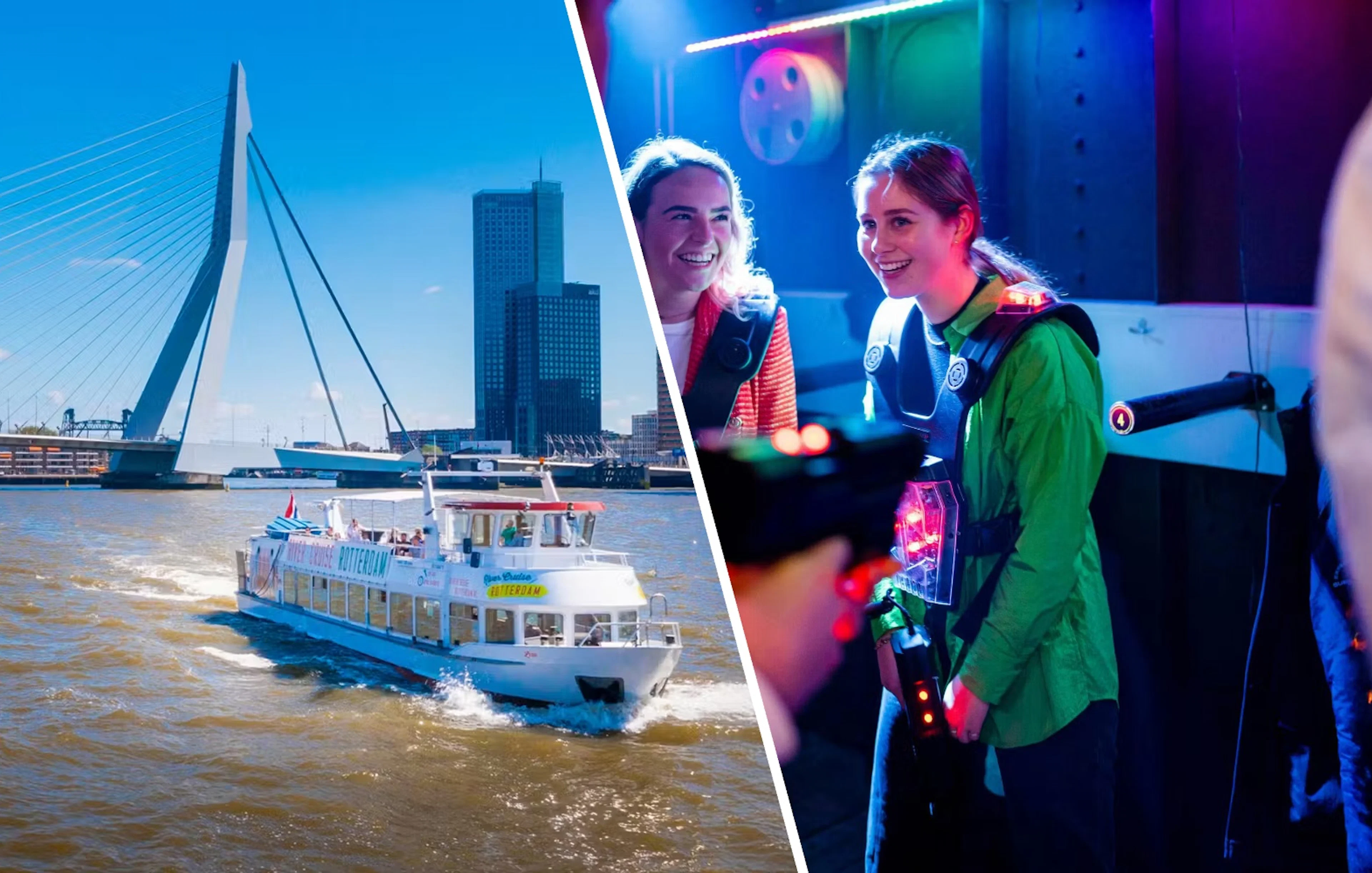 River cruise boat on Rotterdam's Maas River near Erasmus Bridge, with people enjoying laser tag indoors.