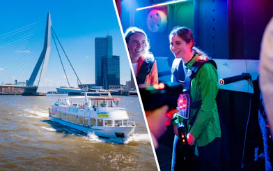 River cruise boat on Rotterdam's Maas River near Erasmus Bridge, with people enjoying laser tag indoors.