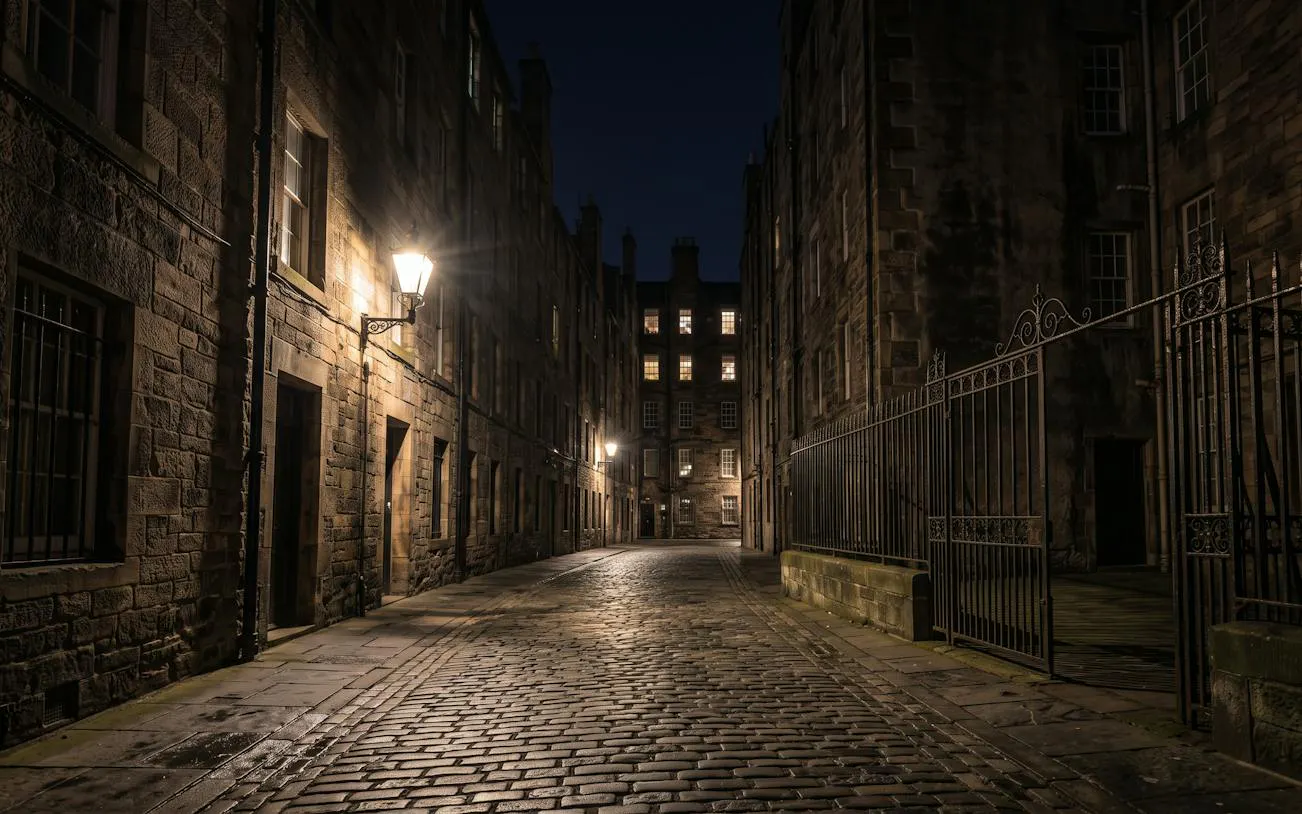 Cobbled alleyway at night in Edinburgh, part of the True Crime Walking Tour.