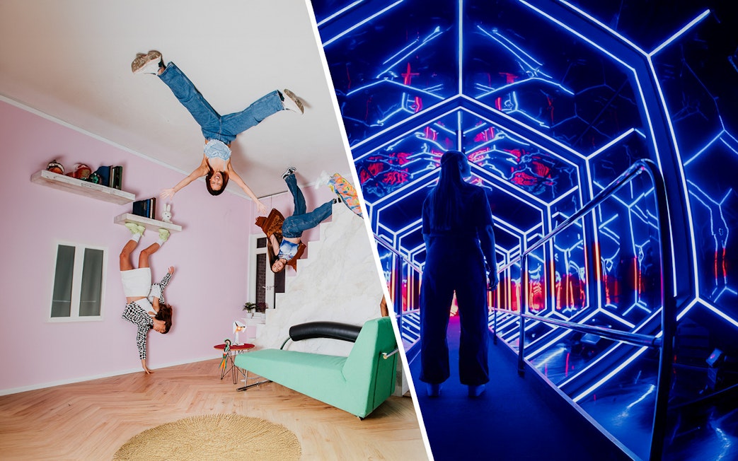 Guests exploring optical illusions and neon lights at Amaze Amsterdam.