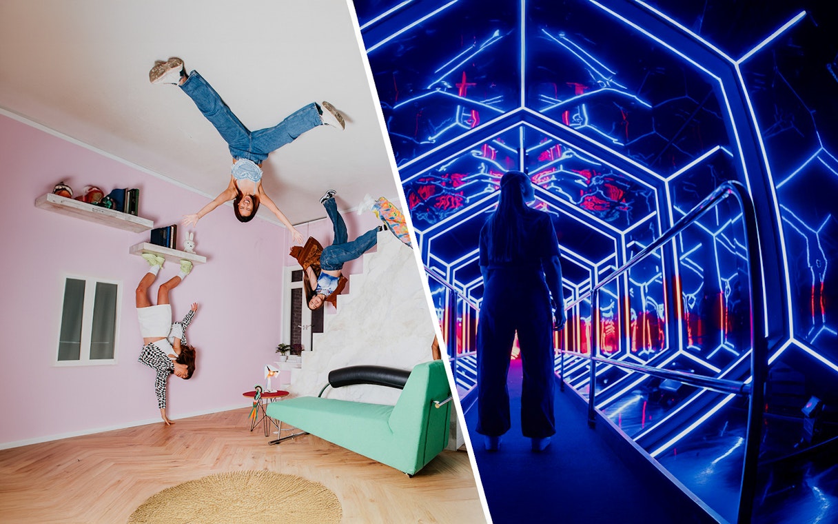 Guests exploring optical illusions and neon lights at Amaze Amsterdam.