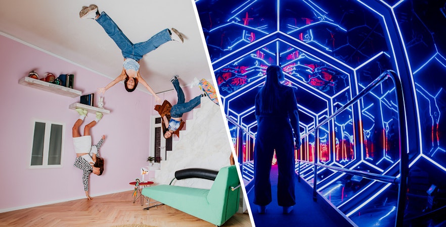 Guests exploring optical illusions and neon lights at Amaze Amsterdam.