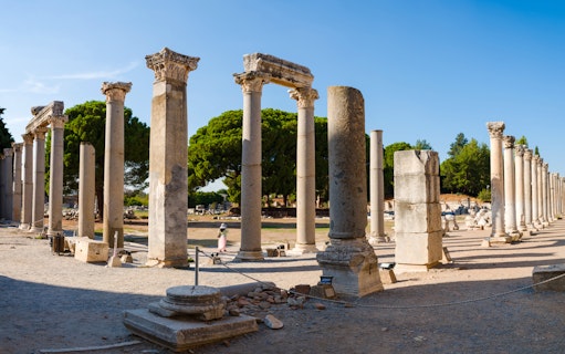 Ruins of columns in the ancient city of Ephesus, Turkey.