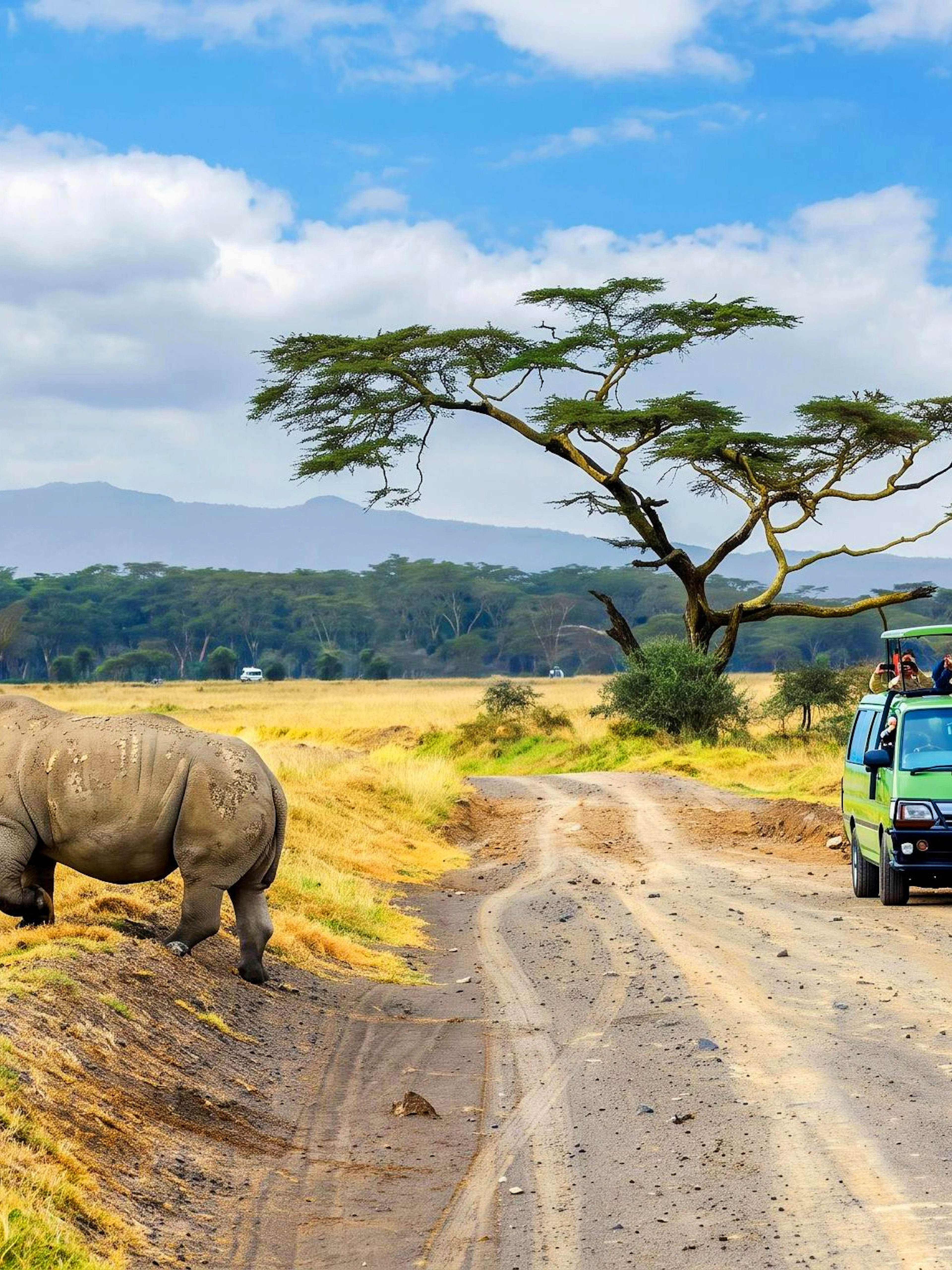 Safari vehicle observing rhino and wildebeest in Masai Mara, Lake Nakuru & Naivasha.