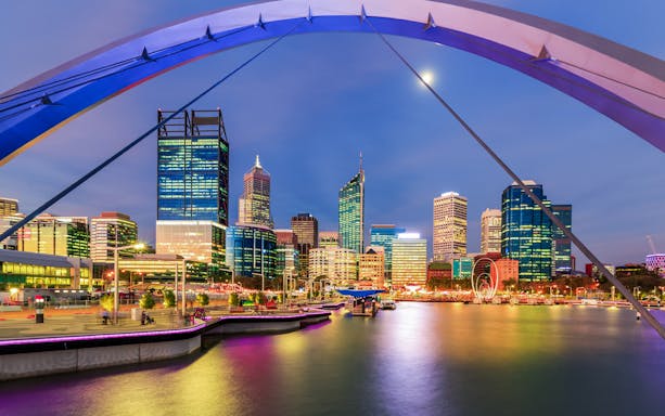 Perth skyline at night from Swan River dinner cruise.