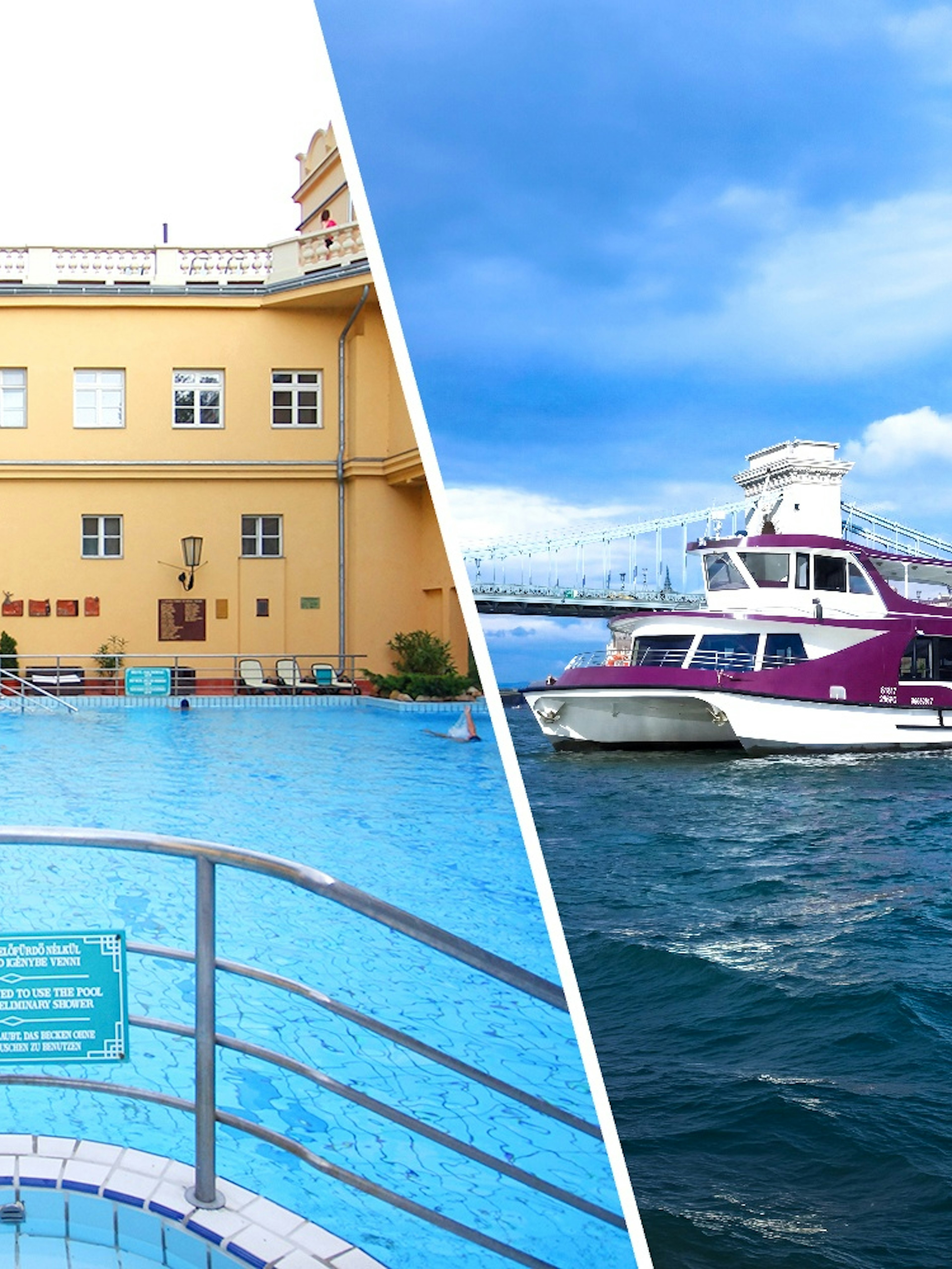 Lukacs Baths pool and Danube River sightseeing cruise boat in Budapest.