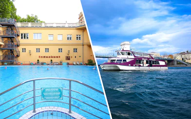 Lukacs Baths pool and Danube River sightseeing cruise boat in Budapest.