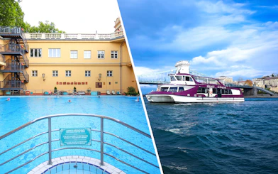 Lukacs Baths pool and Danube River sightseeing cruise boat in Budapest.