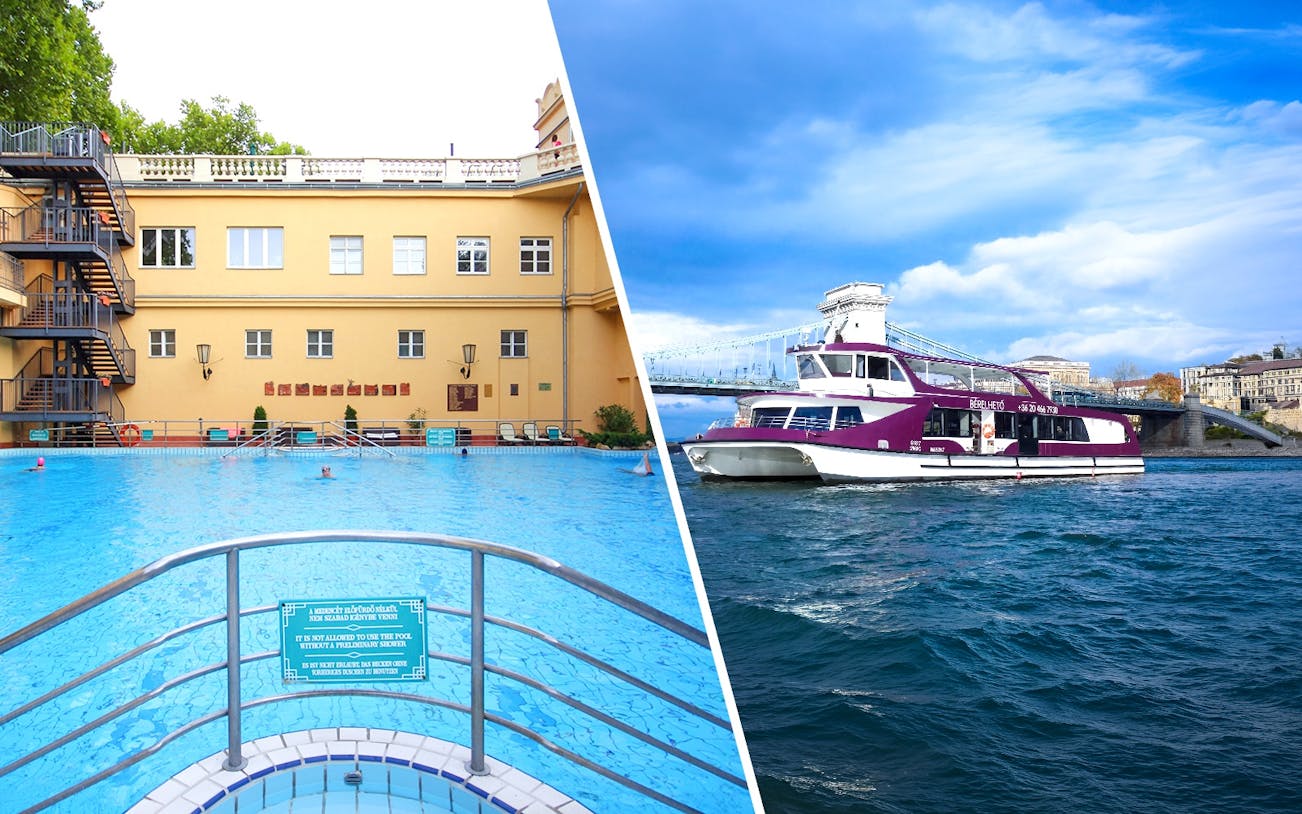 Lukacs Baths pool and Danube River sightseeing cruise boat in Budapest.