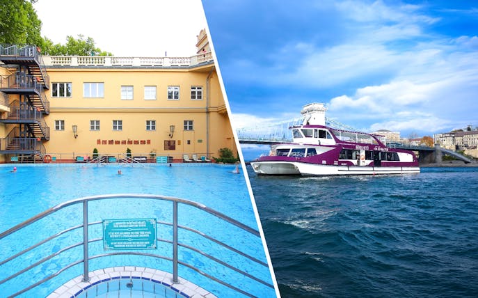 Lukacs Baths pool and Danube River sightseeing cruise boat in Budapest.