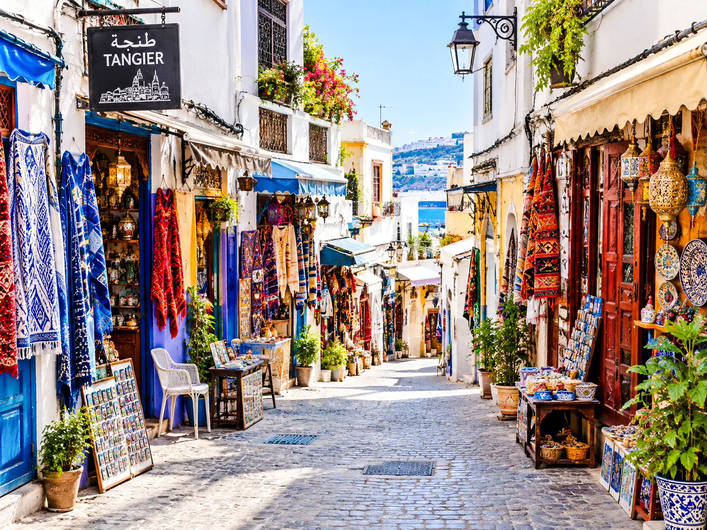 Narrow street in Tangier lined with colorful textiles and pottery, leading to Mediterranean views.
