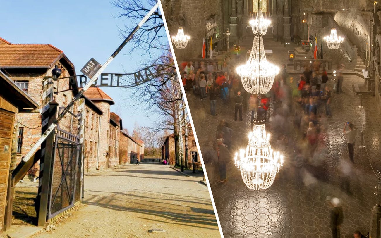 Auschwitz-Birkenau entrance gate and Wieliczka Salt Mine chandeliers on guided tour from Krakow.