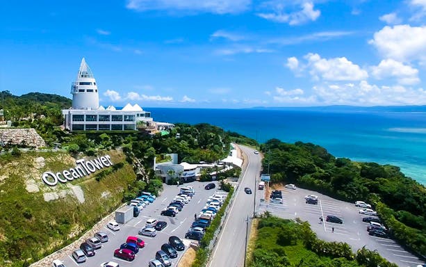 Ocean Tower overlooking the ocean in Okinawa, Japan, part of Churaumi TokuToku 5 Pass.