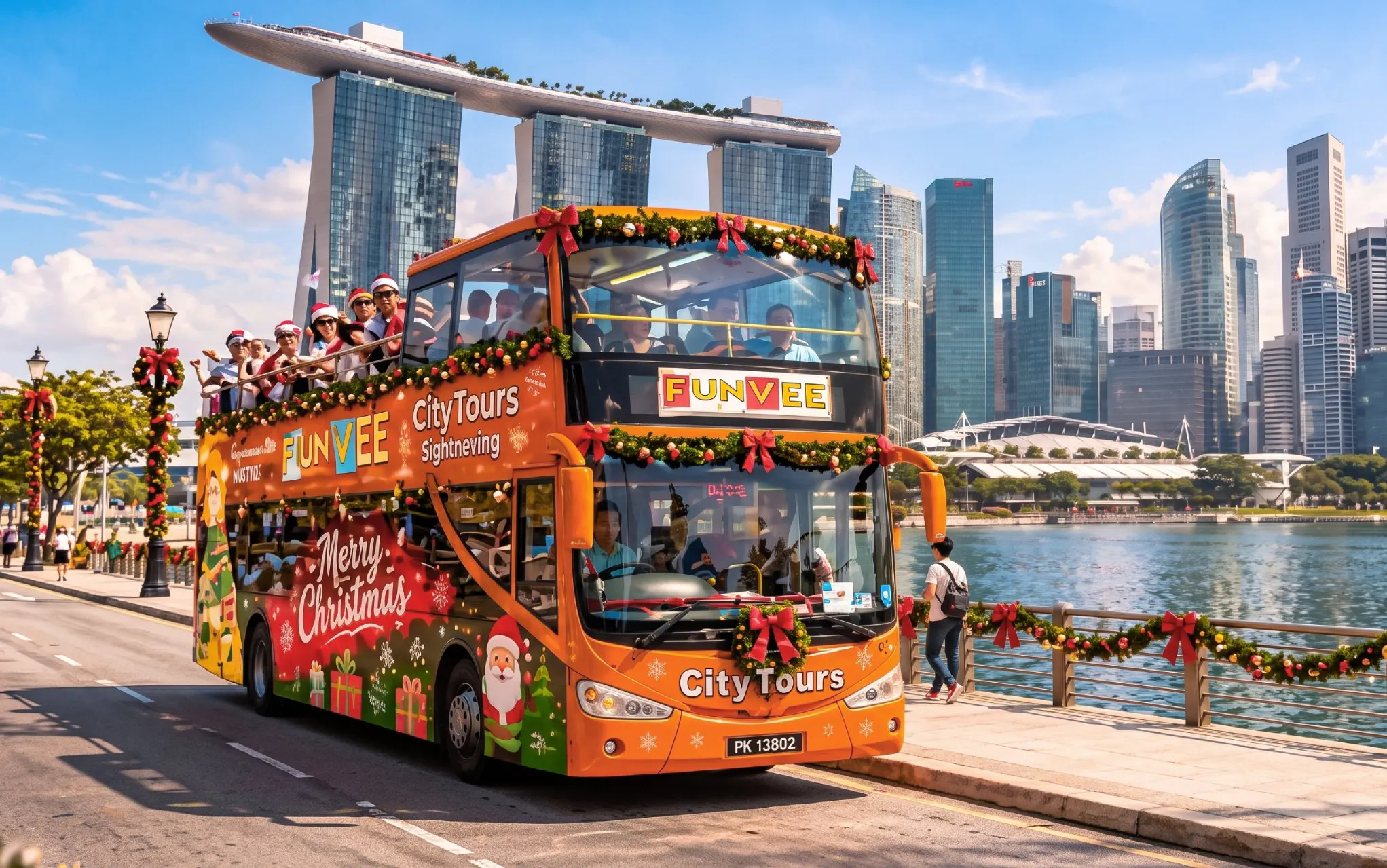 Open-top FunVee bus with Christmas decor on waterfront road, Marina Bay Sands in background, Singapore.
