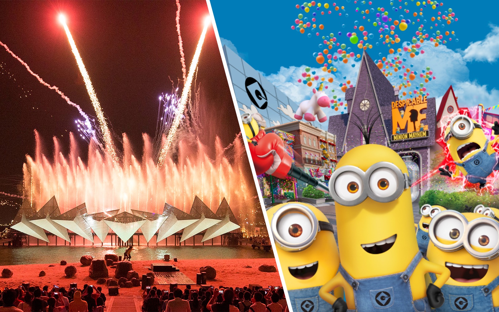 Tourists enjoying Wings of Time show at Sentosa Island and Minion Mayhem at Universal Studios Singapore.