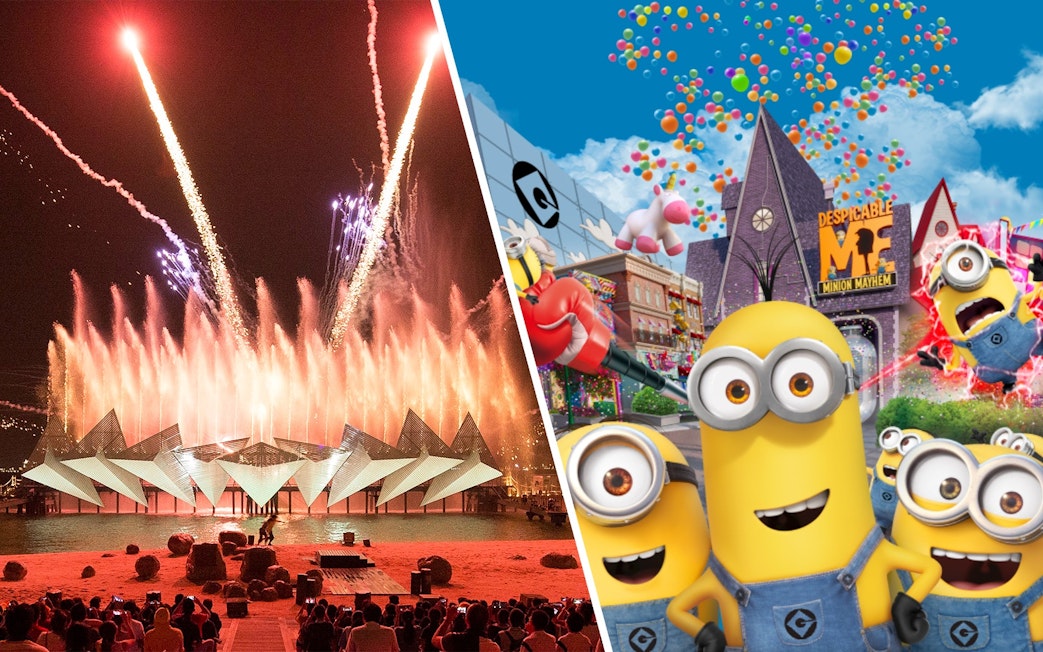 Tourists enjoying Wings of Time show at Sentosa Island and Minion Mayhem at Universal Studios Singapore.