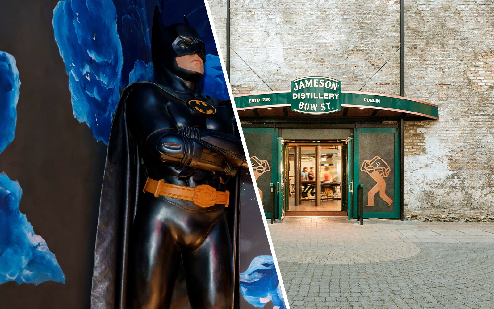 Wax figure of superhero at National Wax Museum and entrance to Jameson Distillery in Dublin.