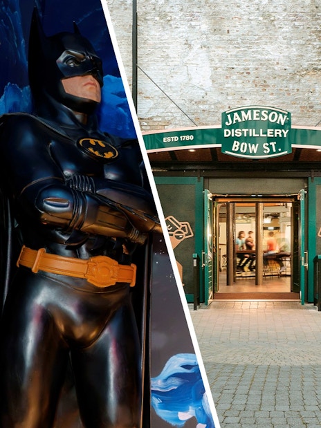 Wax figure of superhero at National Wax Museum and entrance to Jameson Distillery in Dublin.