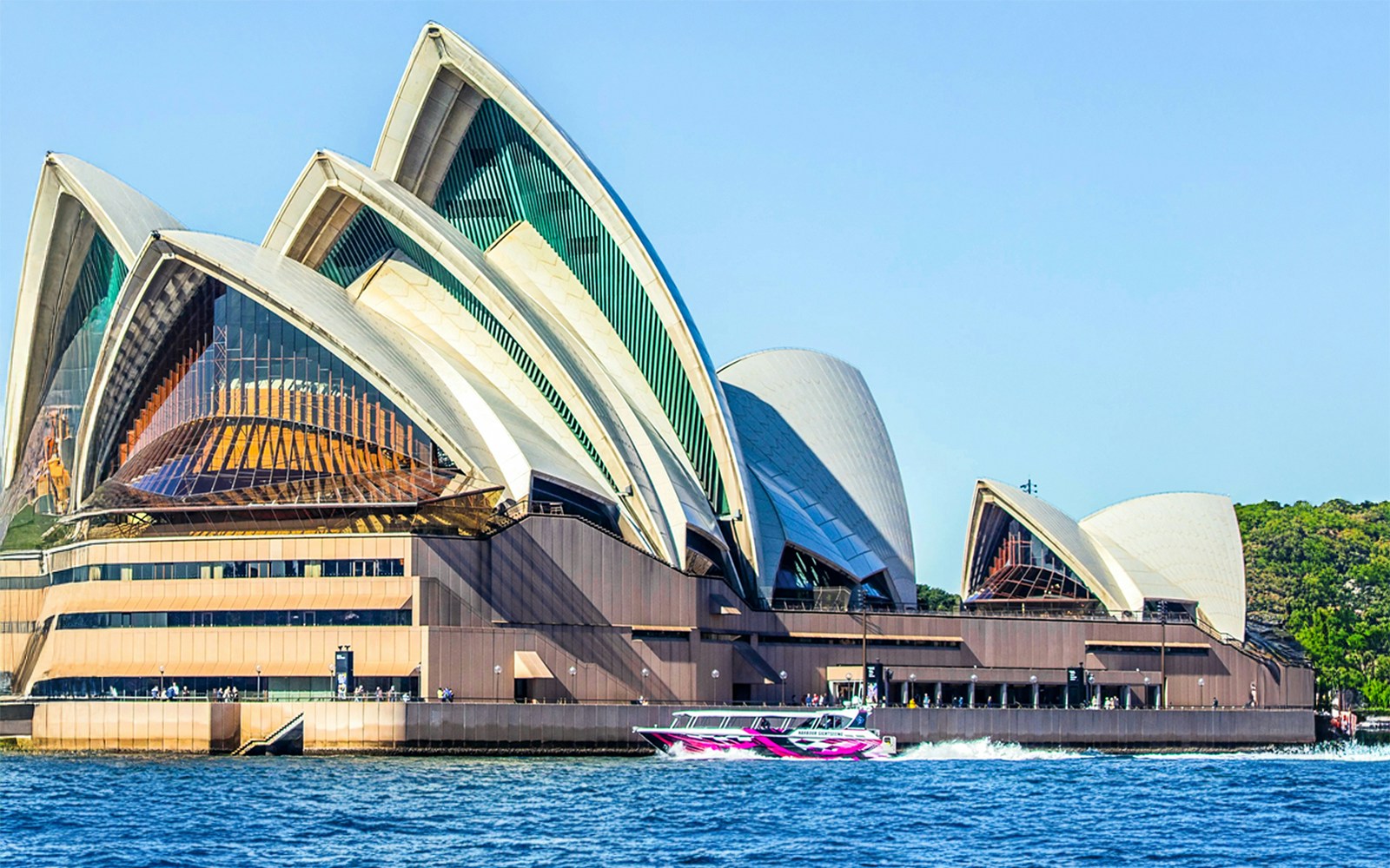 Sydney Harbour cruise boat with city skyline and Opera House in background.